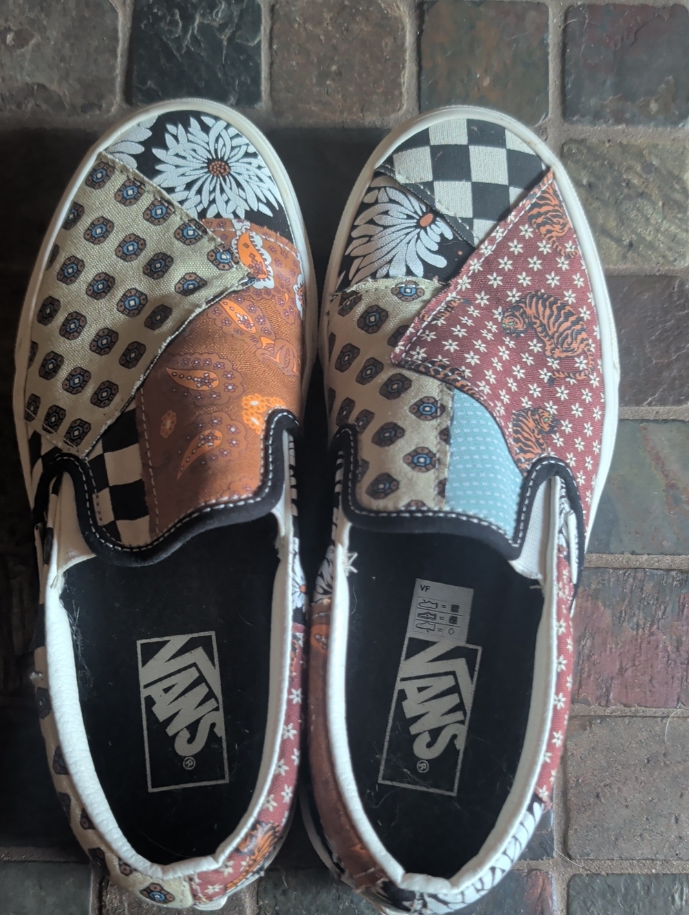 Vans Patchwork Slip-On Sneakers in Black, Brown, Rust, Blue